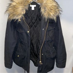 H&M Black 100% Cotton Parka Jacket Removable Faux Fur Collar  Size 12